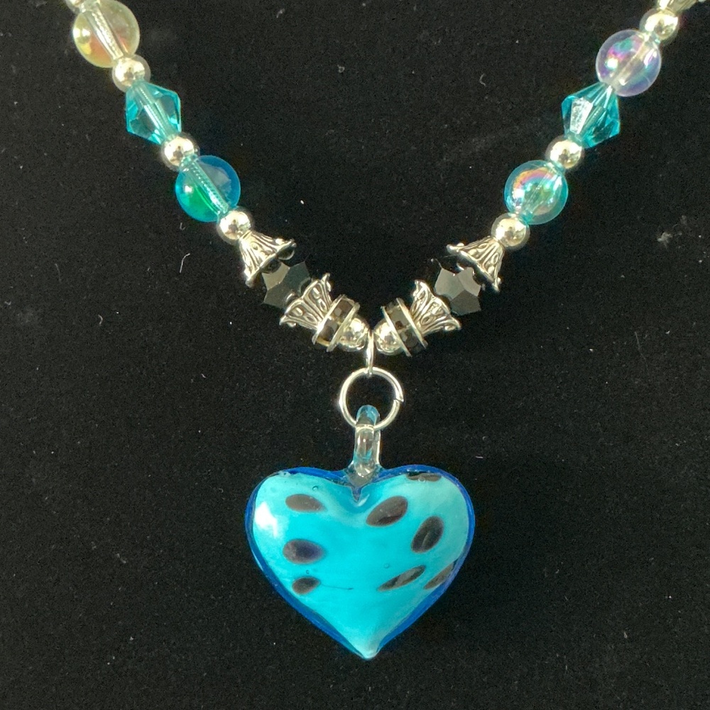 Artisan glass Polka Dot heart 17" Necklace